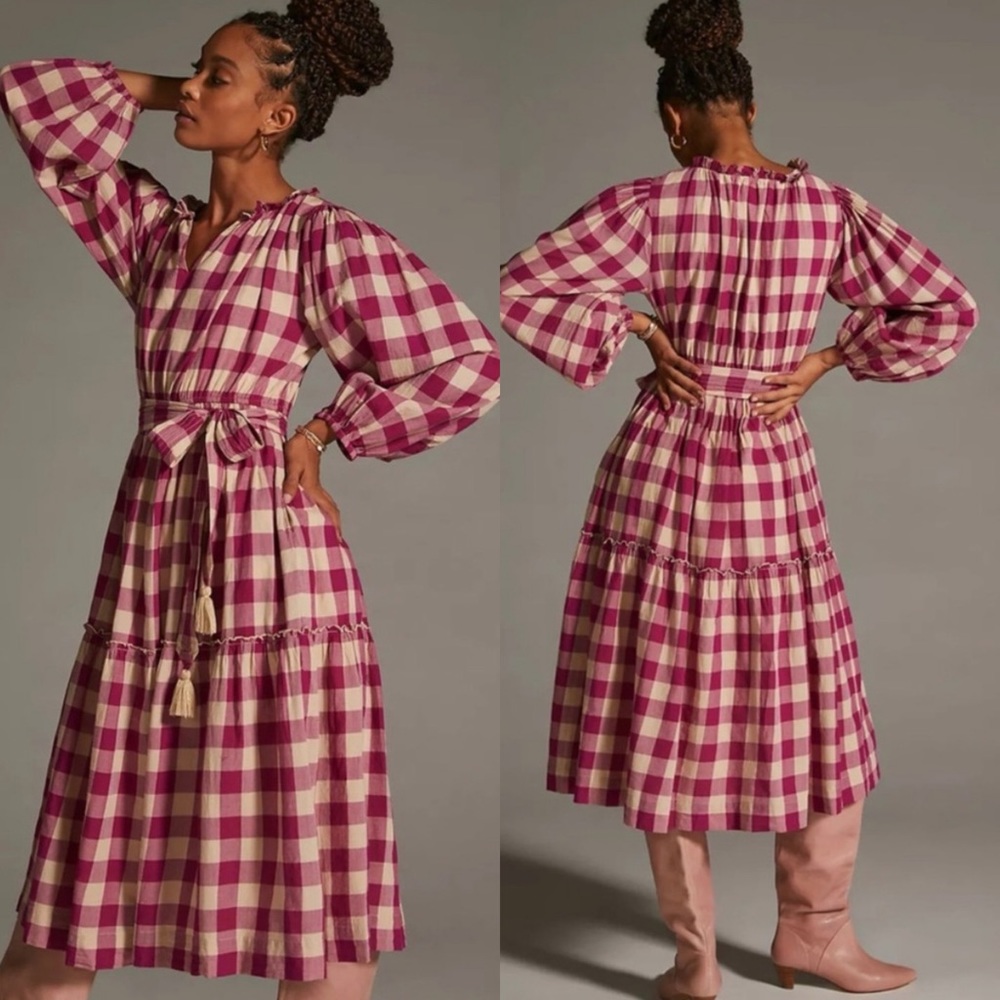 Anthropologie Mille V-Neck Plaid Dress in Raspberry